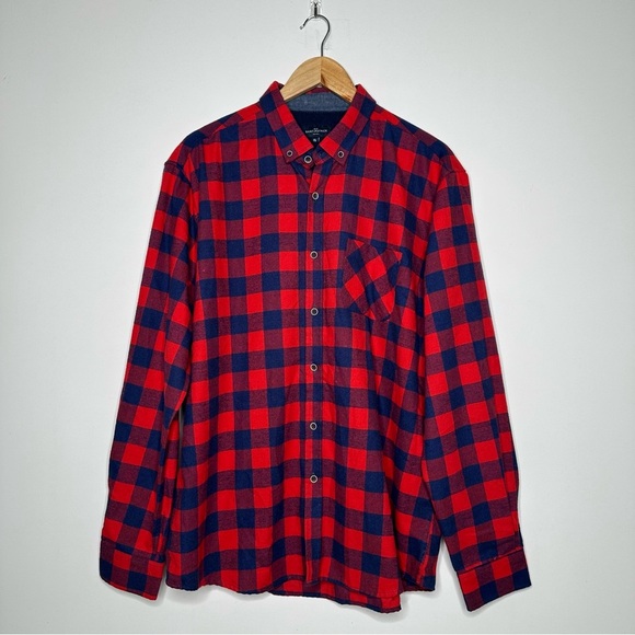 RUE SAINT-PATRICK Men’s Red Navy Plaid Flannel Shirt Size XL - Picture 2 of 7